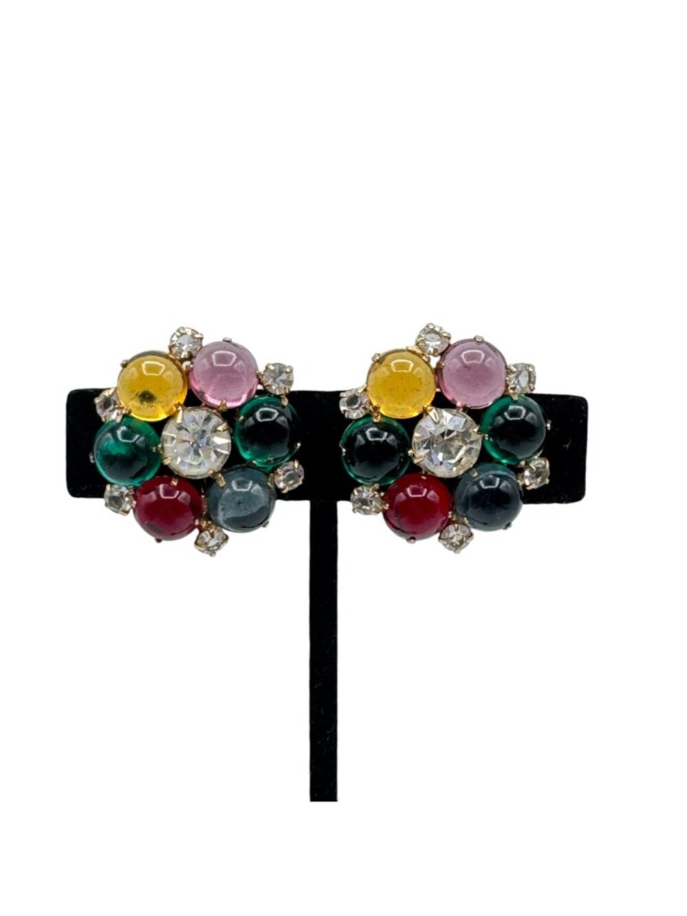 Vintage Fruit Salad Cluster Earrings Clip Multi-Color Glass Prong Set Gold Tone - Picture 10 of 11